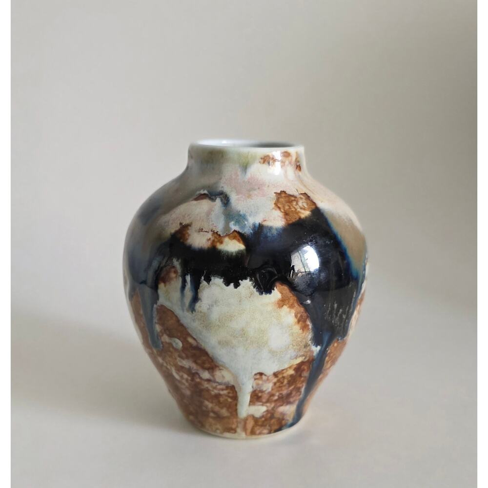 Signed Japanese Porcelain Bud Vase Abstract Drip Glaze Multicolor 5in
